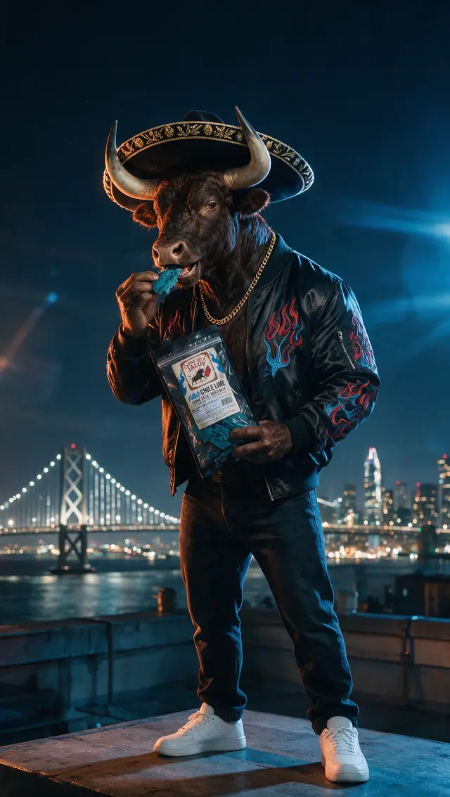 El Toro de Jalos at night with the Bay Bridge behind him