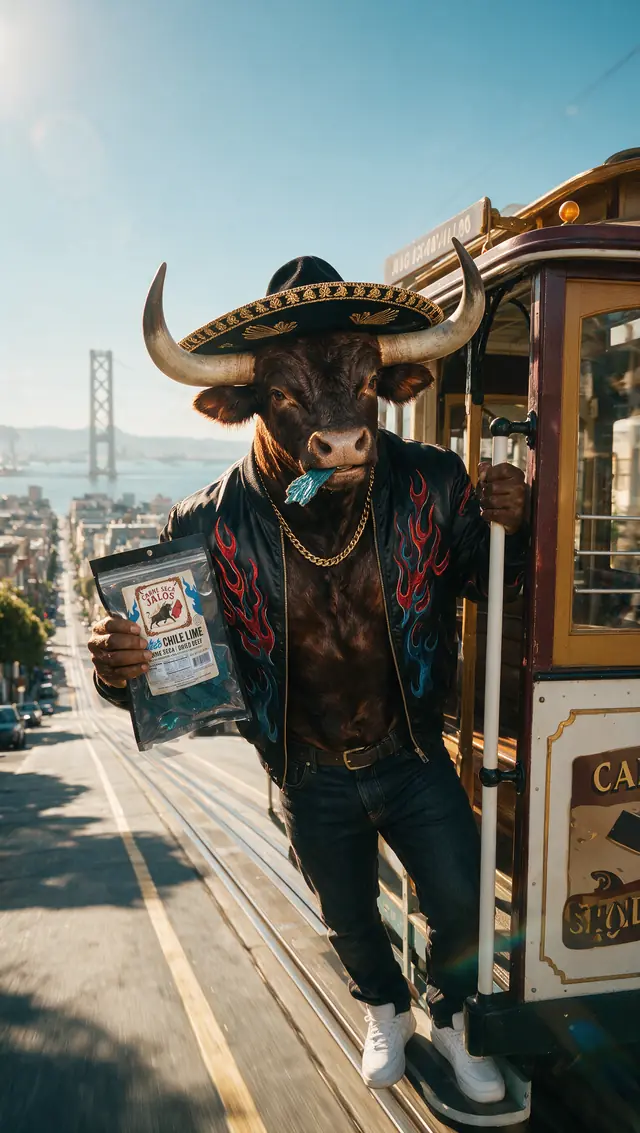El Toro de Jalos riding a San Francisco cable car with a blue bag