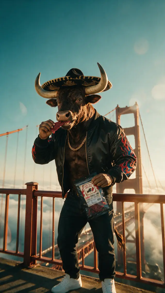El Toro de Jalos eating carne seca at the Golden Gate Bridge